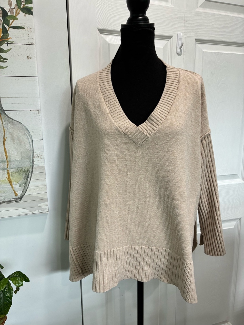 Free People Oversized V-Neck Sweater in Cream